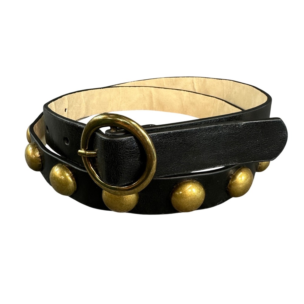 Black Dome Studded Belt with Round Brass Buckle Large Studs 41 Inch